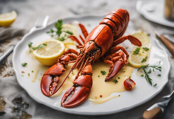 grilled lobster served with lemon butter sauce on a white plate, copy space for text, ad shot.