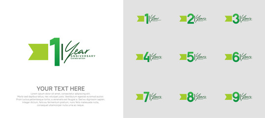 anniversary logotype set. green number and ribbon for celebration