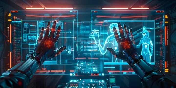 CGI of Disembodied Hands Wielding Hacking Devices,Complex Phishing Frameworks and Holographic Security System Schematics in Stark Industrial