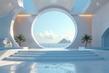 Fototapeta premium Minimalist Futuristic Interior Design with Ocean View. Blue and White Space for Meditation, Relaxation, and Tranquility
