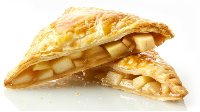 Golden pastry triangle filled with sweet apple chunks, cut in half to reveal the delicious filling.