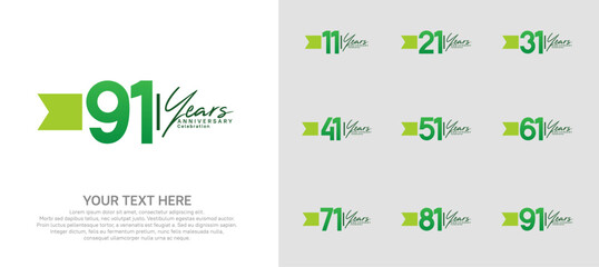 anniversary logotype set. green number and ribbon for celebration