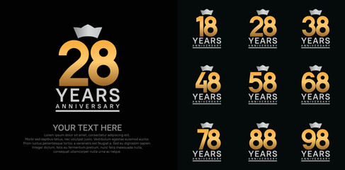 anniversary logotype set. gold color and silver crown can be use for celebration event
