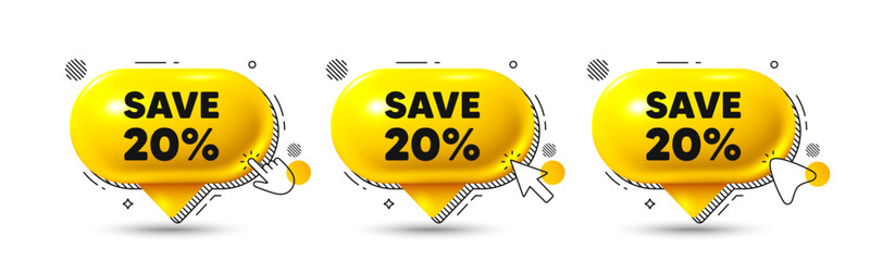 Chat speech bubble 3d icons. Save 20 percent off tag. Sale Discount offer price sign. Special offer symbol. Discount chat offer. Speech bubble banners. Text box balloon. Vector