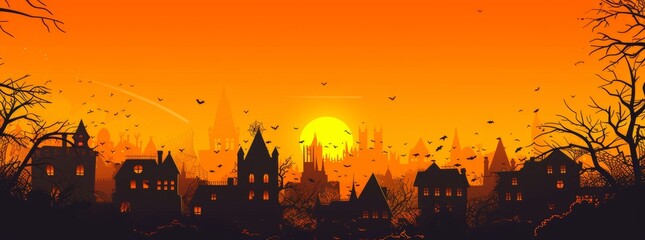 Halloween background with a silhouette of a haunted house, full moon and spooky trees on an orange sky.