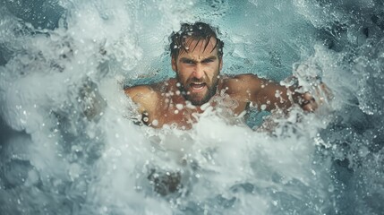 A bearded man with a determined look on his face fights to stay above the water as whitecaps crash around him