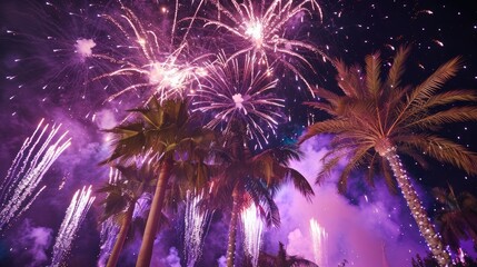 Luxury fireworks display featuring purple palm trees and stars with premium entertainment on special occasions