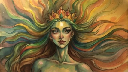 A watercolor illustration portrays a surreal and expressive figure of a woman.