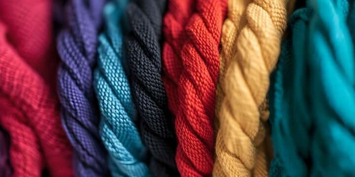 Closeup portrayal of varied fabric strands representing interconnected cultures and communities. Concept Fabric Strands, Interconnected Cultures, Closeup Portrayal, Community Diversity, Textile Art