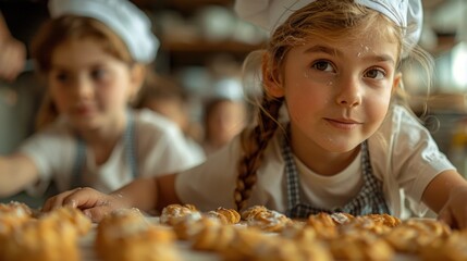 Young girls in chef hats enjoy baking cookies, cozy kitchen setting, teamwork training,  For Educational Content, Marketing and Advertising, Social Media, Websites and Brochures, Promotional Materials