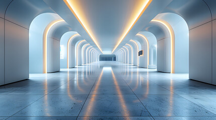 Obraz premium Futuristic illuminated tunnel with arched walls and reflective floor. Modern architecture interior with blue lighting and sleek design.