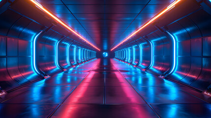 Futuristic neon-lit tunnel with vibrant blue and pink lights, creating a sci-fi aesthetic. Perfect for backgrounds or creative projects.