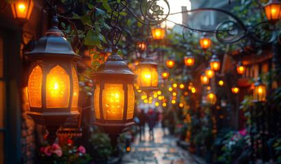 A street with many lit lanterns hanging from the ceiling. The lanterns are lit up and create a warm and inviting atmosphere