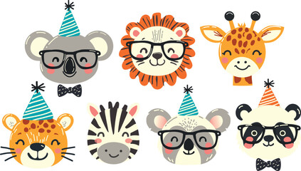 Cute cartoon animal faces character, hand drawn elements for birthday decor, stickers, invitation card, poster