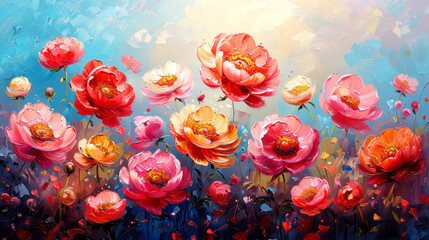 Beautiful red peony flowers on blue sky background.