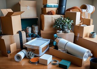 Careful hands absent, still life showcases packing supplies, open boxes, and meticulous wrapping of delicate items in protective padding for a big relocation.