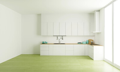 modern white kitchen interior with wood floor