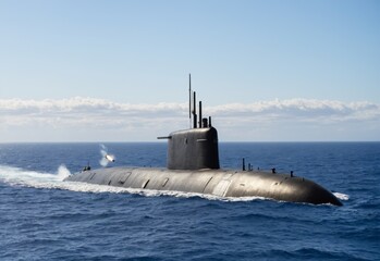 Fototapeta premium Generic military nuclear submarine floating in the middle of the ocean while shooting an undersea torpedo missile