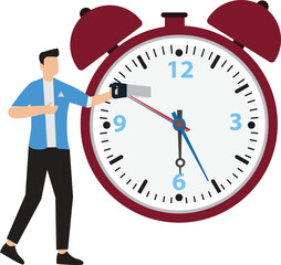 Time management, balance timeline for work and personal life or project management concept, businessman manager or office worker using saw to break the clock to manage time for projects deadline.