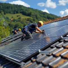 Group of workers fitting solar panels on a residential roof with lush green hills in the background.