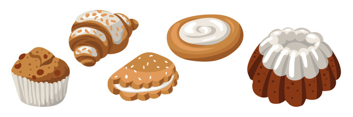 Set of colorful bakery products with a natural illustration. Cupcake, muffin, cookies, cottage cheese, croissant. Natural color scheme. Baking different types of dough. Packaging in cafes, bakeries