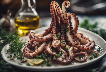 grilled octopus tentacles artfully arranged with a drizzle of olive oil and herbs, ad shot, copy space for text
