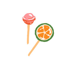 Hard candies on stick. Sweet lollipops, tasty lolipops, lollypops. Sugar bonbons. Lolly caramel with fruit flavor. Cute suckers. Flat isolated hand drawn vector illustration on white background