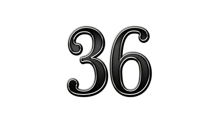 black metal 3d design of number 36 on white background.