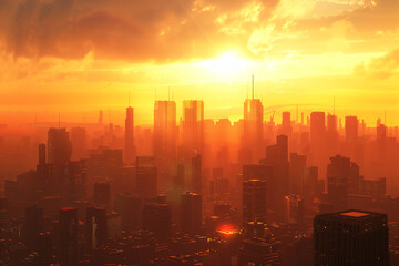 Sunset Backlight Shining Through CBD Skyscrapers