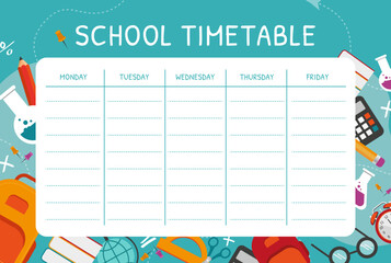 School lesson schedule for the week. Timetable template with school supplies. school planner. Blue background. Vector illustration