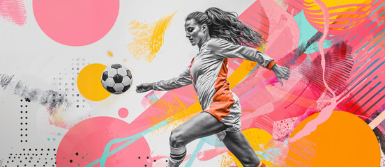 Creative soccer background with a female soccer player kicking the ball during a game with against a colorful abstract backdrop with pink, yellow, and blue shapes and patterns.