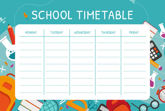 School lesson schedule for the week. Timetable template with school supplies. school planner. Blue background. Vector illustration - Powered by Adobe