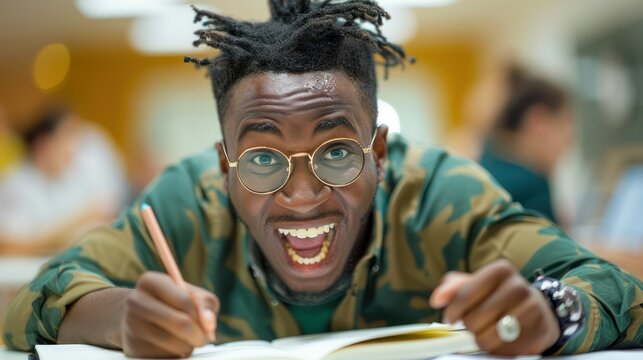 Excited Young Man Writing Notes in Notebook, Discovering New Knowledge, Student Learning, Education, Knowledge, Discovery, Inspiration, Enthusiasm, Passion for Learning, University Life, College