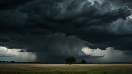 Dramatic storm clouds dominate the dark summer sky over a vast green field