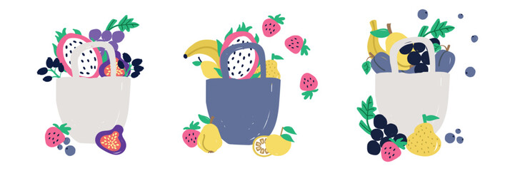set of clip art a reusable bag filled with fruits. naive art style. flat vector style. natural vitamin food. healthy and fresh fruits.