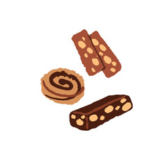 Different cookies: swirls, biscuits, brownies. Sweet snacks, desserts for breakfast. Homemade bakery. Chocolate flour food, pastry. Flat isolated hand drawn vector illustration on white background