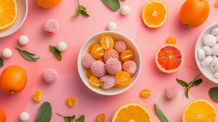 Colorful citrus fruits and candy on a pink background