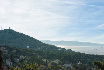 Naklejka premium Scenic view of Buyukada Island in Istanbul, with lush green hills, houses, and the sea in the background