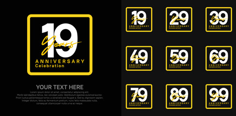 anniversary set logo style with white and yellow color in square for company celebration moment