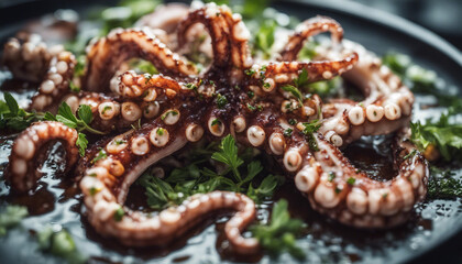 grilled octopus tentacles artfully arranged with a drizzle of olive oil and herbs, ad shot, copy space for text

