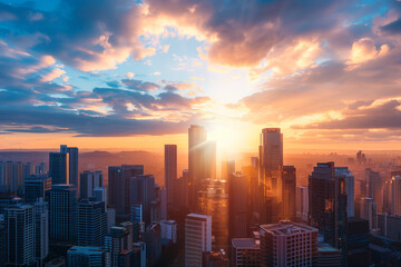Fototapeta premium Sunset Backlight Shining Through CBD Skyscrapers