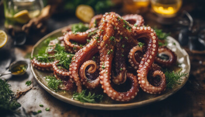 Fototapeta premium grilled octopus tentacles artfully arranged with a drizzle of olive oil and herbs, ad shot, copy space for text