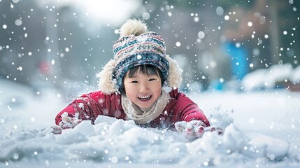 Cute Asian child sliding on snow in the park. copy space for text.