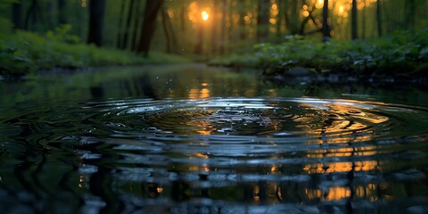 Rippling water in forest at sunset.
