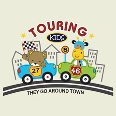 bears and giraffes convoy driving cars design cartoon vector illustration