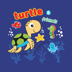 Turtles swim in the sea with friends design cartoon vector illustration