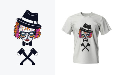 Detailed Sugar Skull with Crossed Axes and Sombrero vector T-Shirt Design