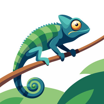 vector illustration of chameleon on a branch tree, against white background