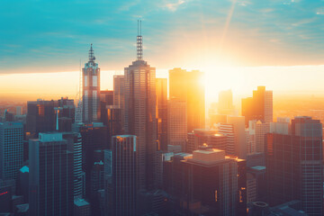 Naklejka premium Sunset Backlight Shining Through CBD Skyscrapers