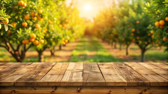 Empty wood table with free space over orange trees, orange field background. For product display montage